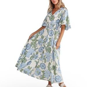 Talisman Maxi Dress Floral Print Linen Blend V-Neck Short Sleeve Ibiza Blue XL